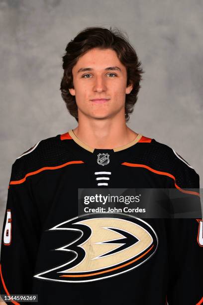 Trevor Zegras of the Anaheim Ducks poses for his official headshot for the 2021-2022 season on September 21, 2021 at Great Park Ice in Irvine,...