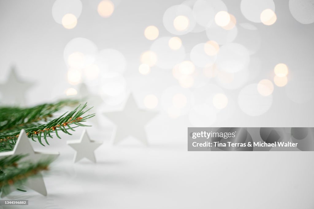 Christmas background with fir branches white stars on white background with white stars. Fairy lights.