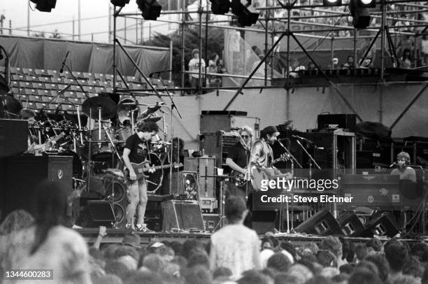 Musician Bob Dylan performs with The Grateful Dead on July 1, 1987 in Foxborough, Massachusetts