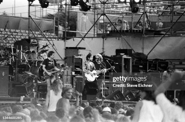 Musician Bob Dylan performs with The Grateful Dead on July 1, 1987 in Foxborough, Massachusetts