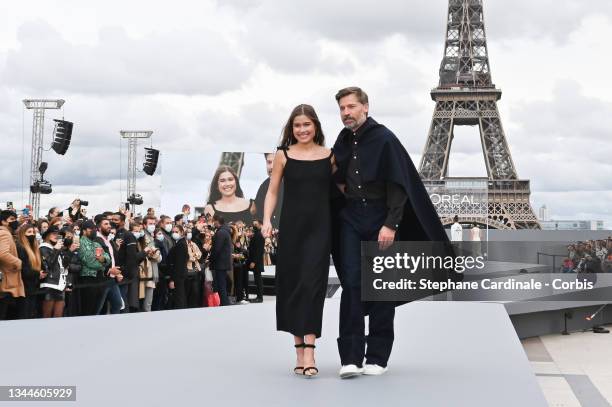 Nicolaj Coster Waldau and daughter Filippa Coster-Waldau walk the runway during the "Le Defile L'Oreal Paris 2021" Womenswear Spring/Summer 2022 show...