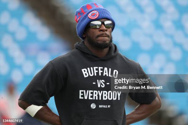 Tre'Davious White of the Buffalo Bills walks onto the field prior to the game against the Houston Texans at Highmark Stadium on October 03, 2021 in...