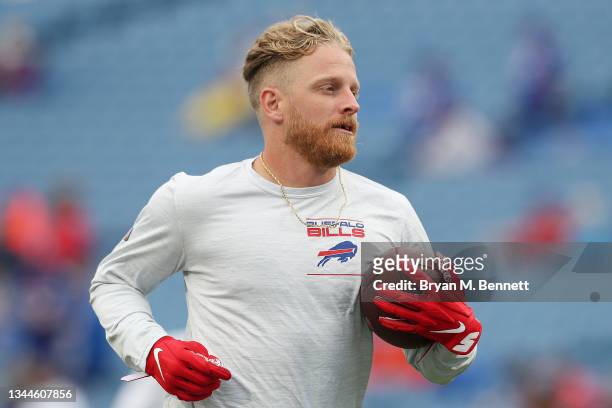 Cole Beasley of the Buffalo Bills warms up prior to a game against the Houston Texans at Highmark Stadium on October 03, 2021 in Orchard Park, New...
