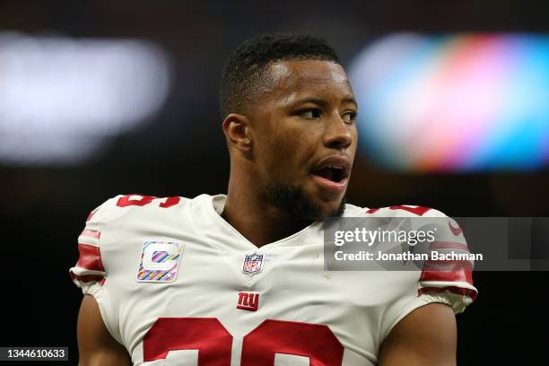 Saquon Barkley of the New York Giants on the field before the game against the New Orleans Saints at Caesars Superdome on October 03, 2021 in New...