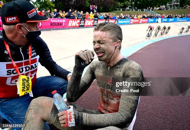 Florian Vermeersch of Belgium and Team Lotto Soudal covered in mud cries after second place finish in the Roubaix Velodrome - Vélodrome André...