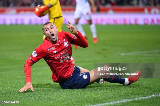 Burak Yilmaz of Lille OSC reacts during the Ligue 1 Uber Eats match between Lille and Marseille at Stade Pierre Mauroy on October 03, 2021 in Lille,...