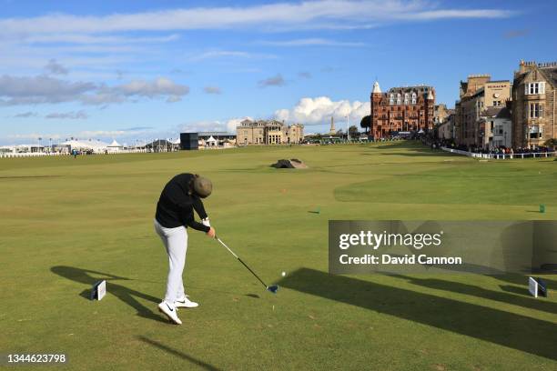 Tommy Fleetwood of England plays his tee shot on the 18th hole during the final round of The Alfred Dunhill Links Championship on The Old Course on...