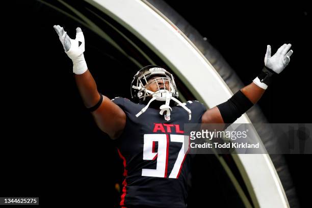 Grady Jarrett of the Atlanta Falcons takes the field during player introductions before the game between the Washington Football Team and the Atlanta...