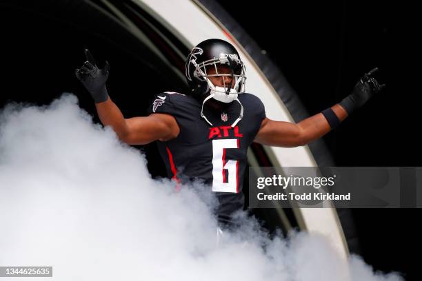 Dante Fowler Jr. #6 of the Atlanta Falcons takes the field during player introductions before the game between the Washington Football Team and the...