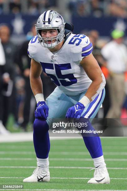 Leighton Vander Esch of the Dallas Cowboys on the field during the first half against the Carolina Panthers at AT&T Stadium on October 03, 2021 in...