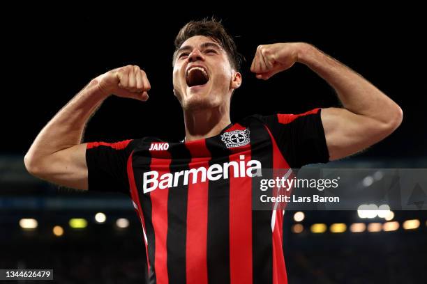 Patrik Schick of Bayer 04 Leverkusen celebrates after scoring their side's third goal during the Bundesliga match between DSC Arminia Bielefeld and...