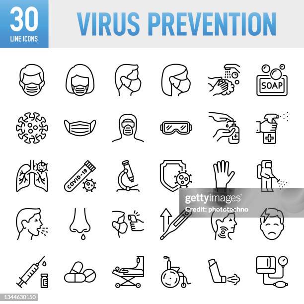 ilustraciones, imágenes clip art, dibujos animados e iconos de stock de prevención de virus: conjunto de iconos vectoriales de línea delgada. píxel perfecto. para móvil y web. el conjunto contiene iconos: coronavirus, covid-19, máscara facial protectora, atención médica y medicina, síntoma, enfermedad, pandemia - enfer - estornudar