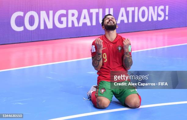 Joao Matos of Portugal celebrates after winning the FIFA Futsal World Cup the FIFA Futsal World Cup 2021 Final match between Argentina and Portugal...