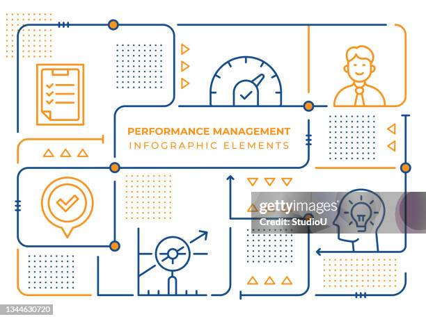 infografik design vorlage der performance management vektorliniendarstellung - employee engagement stock-grafiken, -clipart, -cartoons und -symbole