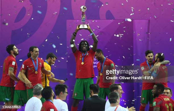 Zicky of Portugal celebrates with the FIFA Futsal World Cup following the FIFA Futsal World Cup 2021 Final match between Argentina and Portugal at...