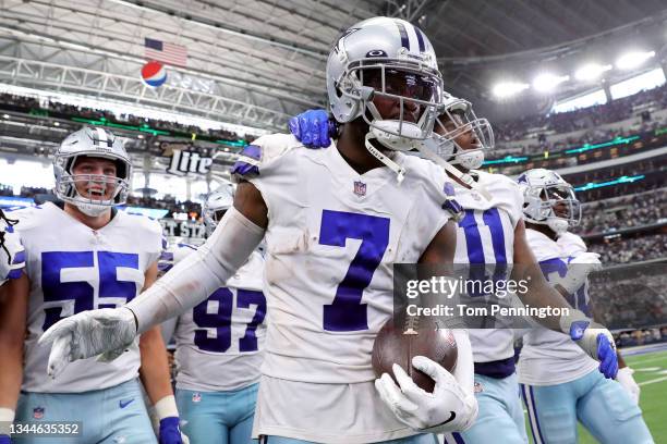 Trevon Diggs of the Dallas Cowboys celebrates after an interception during the third quarter against the Carolina Panthers at AT&T Stadium on October...