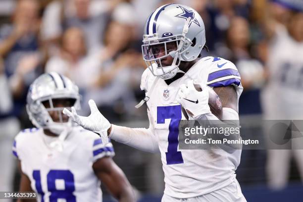 Trevon Diggs of the Dallas Cowboys after an interception during the third quarter against the Carolina Panthers at AT&T Stadium on October 03, 2021...