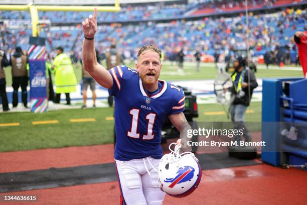 Cole Beasley of the Buffalo Bills acknowledges the fans as he leaves the field after the Bills defeated the Texans 40-0 at Highmark Stadium on...