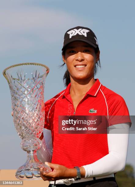 Celine Boutier of France poses with the trophy after winning the final round of the ShopRite LPGA Classic presented by Acer on the Bay Course at...