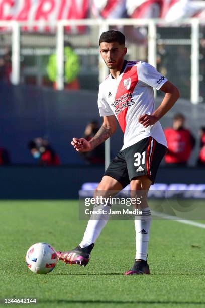 Santiago Simon of River Plate kicks the ball during a match between River Plate and Boca Juniors as part of Torneo Liga Profesional 2021 at Estadio...
