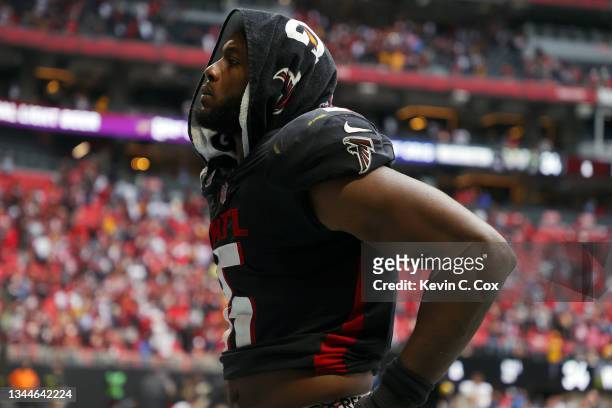 Dante Fowler Jr. #6 of the Atlanta Falcons leaves the field after a loss to the Washington Football Team at Mercedes-Benz Stadium on October 03, 2021...