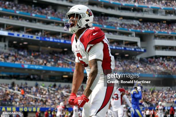 James Conner of the Arizona Cardinals celebrates his touchdown in the second quarter against the Los Angeles Rams at SoFi Stadium on October 03, 2021...
