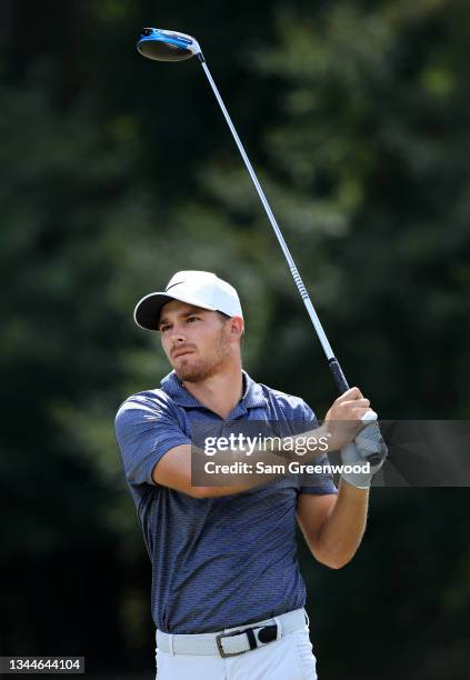 Aaron Wise plays his shot from the third tee during the final round of the Sanderson Farms Championship at Country Club of Jackson on October 03,...