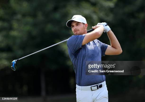 Aaron Wise plays his shot from the third tee during the final round of the Sanderson Farms Championship at Country Club of Jackson on October 03,...