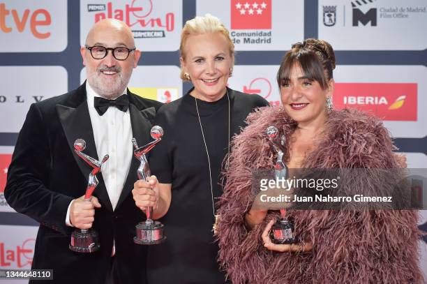Javier Camara with Best Actor award, Elena Irureta with the Best Series Actress award and Candela Peña with the Best Actress award posing to...