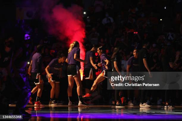 Skylar Diggins-Smith of the Phoenix Mercury is introduced before Game Three of the 2021 WNBA semifinals against the Las Vegas Aces at Desert...
