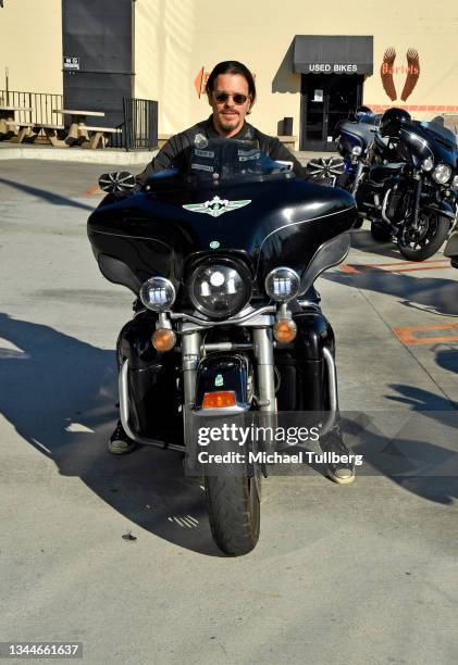 Actor Sean McNabb arrives on his motorcycle at the 3rd annual Ride for the Children motorcycle event ride in support of Olive Crest at Bartels'...