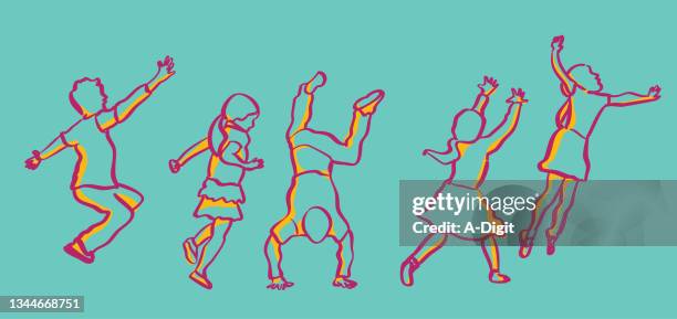 kids jumping with joy blue - handstand stock illustrations