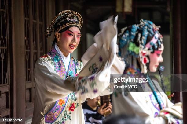 Artists perform on the stage during the 5th Chinese Opera Culture Week at Beijing Garden Expo Park on October 2, 2021 in Beijing, China.