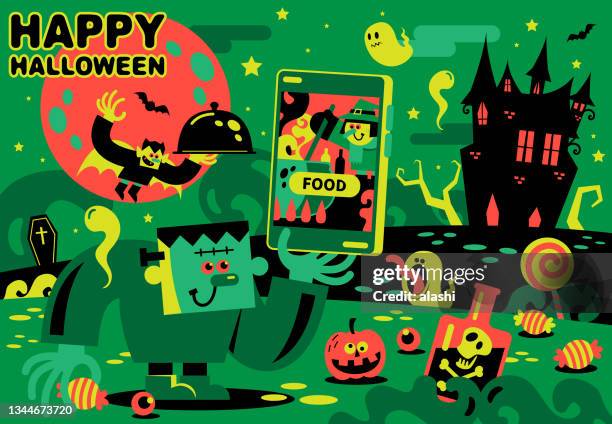 frankenstein ordering food on a smartphone, witch chef cooking in the kitchen, vampire flying and delivering food, a mysterious castle on the hill, halloween safety concept - halloween covid stock illustrations