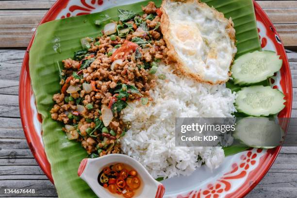 thai food, stir- fried pork and basil served with rice. - thailändische küche stock-fotos und bilder