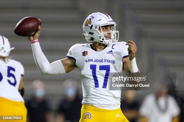 Nick Starkel of the San Jose State Spartans fires a pass downfield during the second half of an NCAA football game against the Hawaii Rainbow...