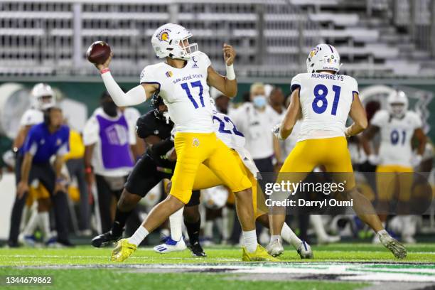 Nick Starkel of the San Jose State Spartans heaves a pass downfield during the first half of an NCAA football game against the Hawaii Rainbow...