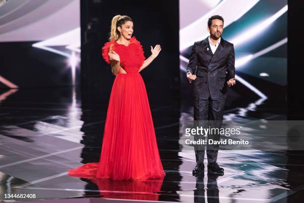 Juana Acosta and Luis Gerardo Mendez onstage during the Platino Cinema Awards 2021 ceremony at IFEMA on October 03, 2021 in Madrid, Spain.