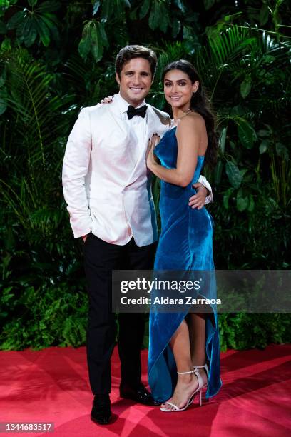 Diego Boneta and Renata Notni pose outside of the 'Platino Awards' party at La Quinta del Jarama on October 03, 2021 in Madrid, Spain.