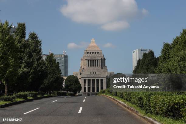 The National Diet building is seen on October 04, 2021 in Tokyo, Japan. Former Foreign Minister Fumio Kishida took over as prime Minister of Japan...