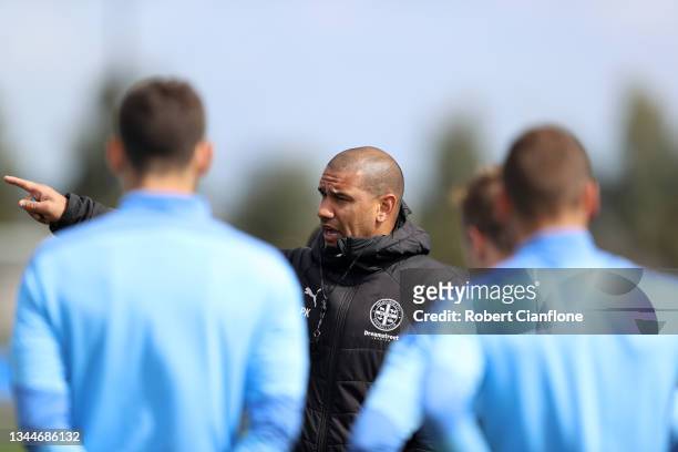 Melbourne City coach Patrick Kisnorbo gestures during a Melbourne City FC A-League Men's training session at Melbourne City HQ on October 04, 2021 in...