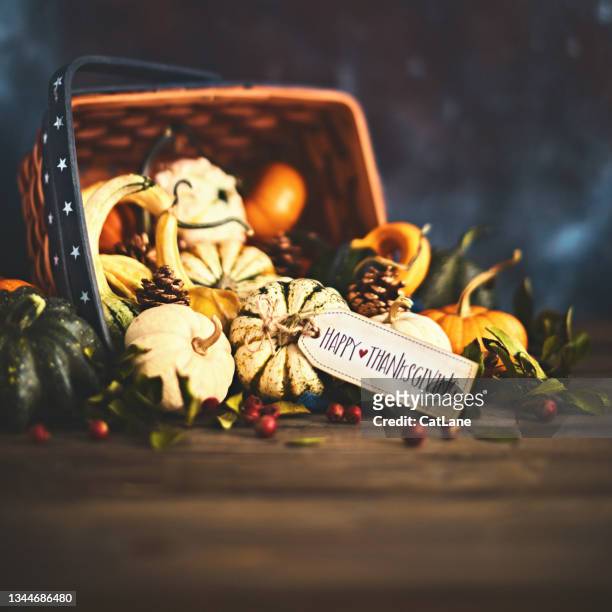 thanksgiving fall background with collection of pumpkins in a basket with handmade happy thanksgiving greeting - thanksgiving greeting stock pictures, royalty-free photos & images