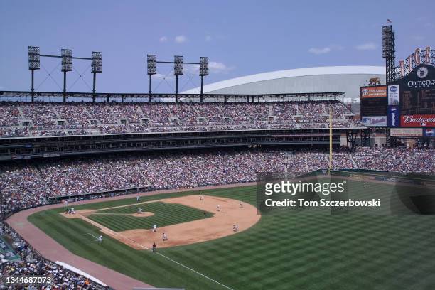 General view of Comerica Park as Roger Clemens of the New York Yankees delivers a pitch during MLB game action against the Detroit Tigers at Comerica...