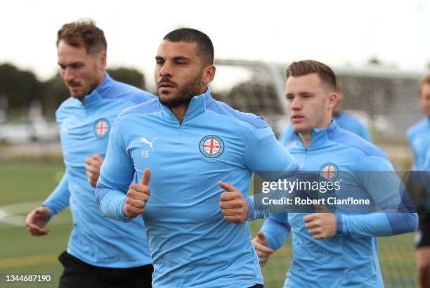 Andrew Nabbout of Melbourne City runs during a Melbourne City FC A-League Men's training session at Melbourne City HQ on October 04, 2021 in...