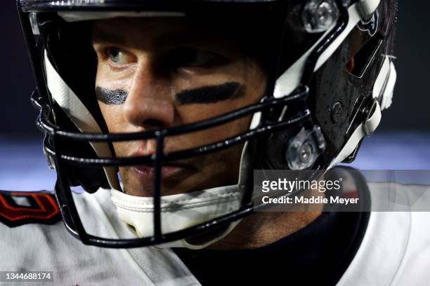 Tom Brady of the Tampa Bay Buccaneers looks on during the game against the New England Patriots at Gillette Stadium on October 03, 2021 in...