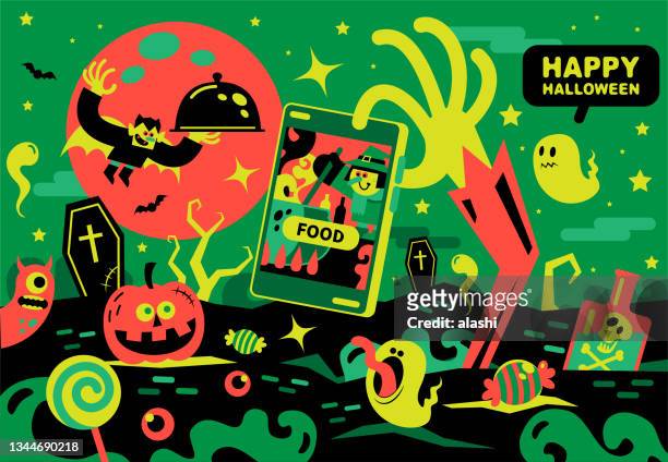 spooky zombie hand coming out of the grave and ordering food on a smartphone, witch chef cooking in the kitchen, vampire flying and delivering food - frankensteins monster stock illustrations