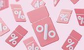 Background of pink coupons with pinterest. A loyal program for customers, profitable purchases. Online store. 3d rendering
