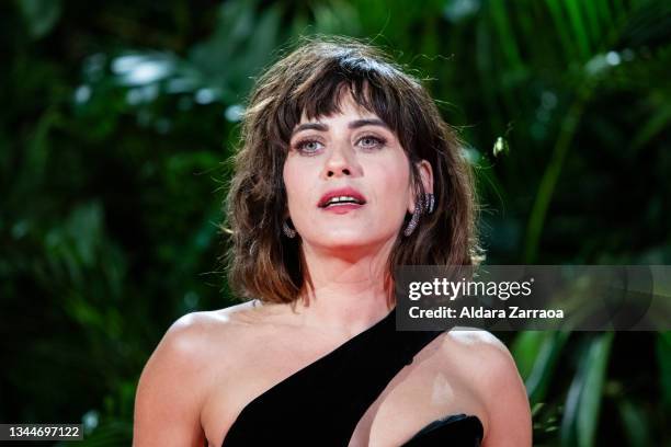 Spanish actress Maria Leon poses outside of the 'Platino Awards' party at La Quinta del Jarama on October 03, 2021 in Madrid, Spain.