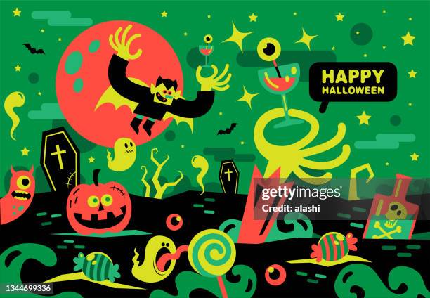 spooky hand coming out of the grave and holding a cocktail glass cheering with vampire and ghost in a cheers halloween party - halloween covid stock illustrations
