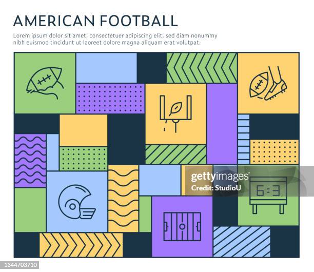 ilustraciones, imágenes clip art, dibujos animados e iconos de stock de plantilla de infografía de fútbol americano estilo bauhaus - locker room